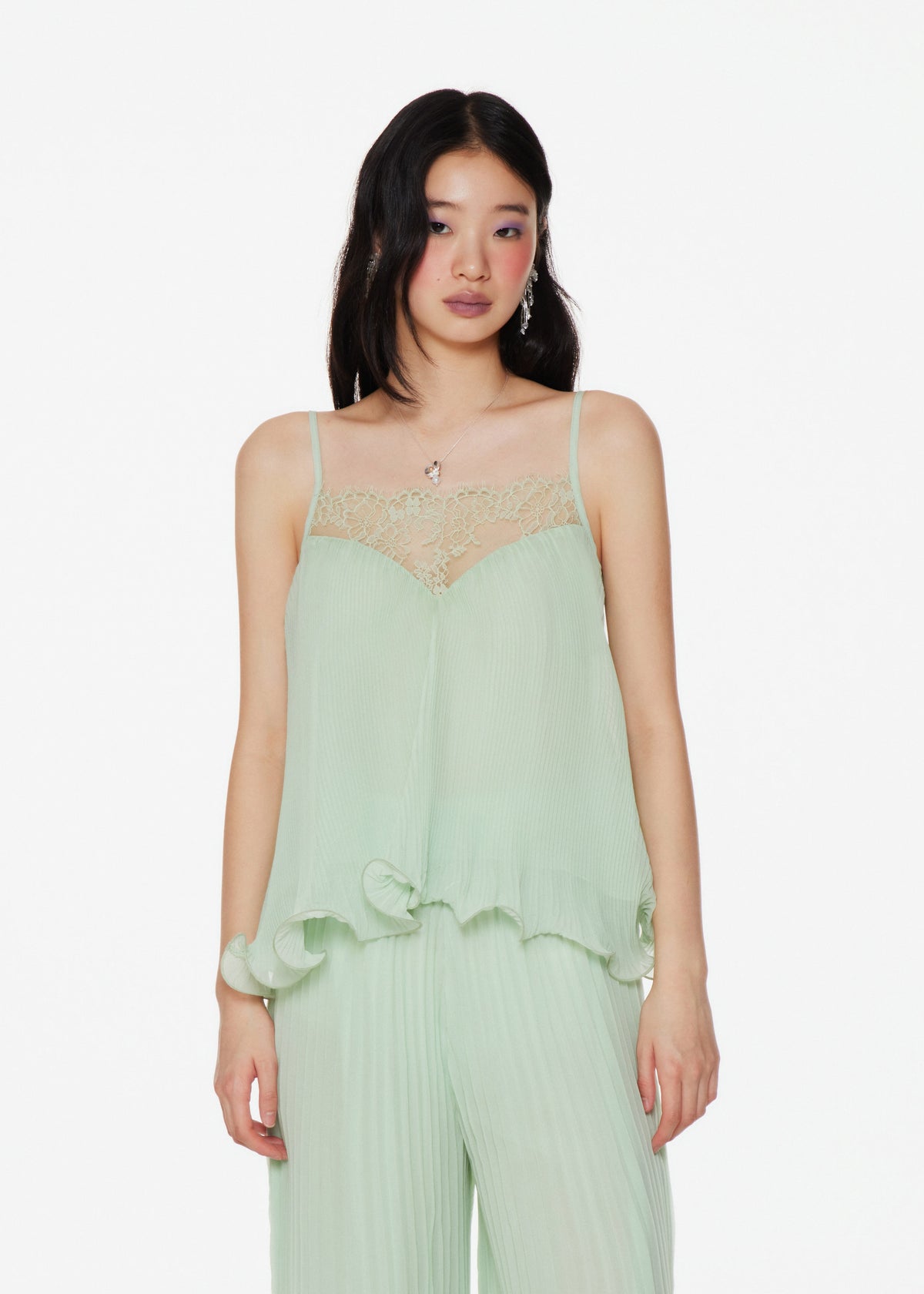 Aria Lace Trim Pleated Chiffon Cami Top In Mint