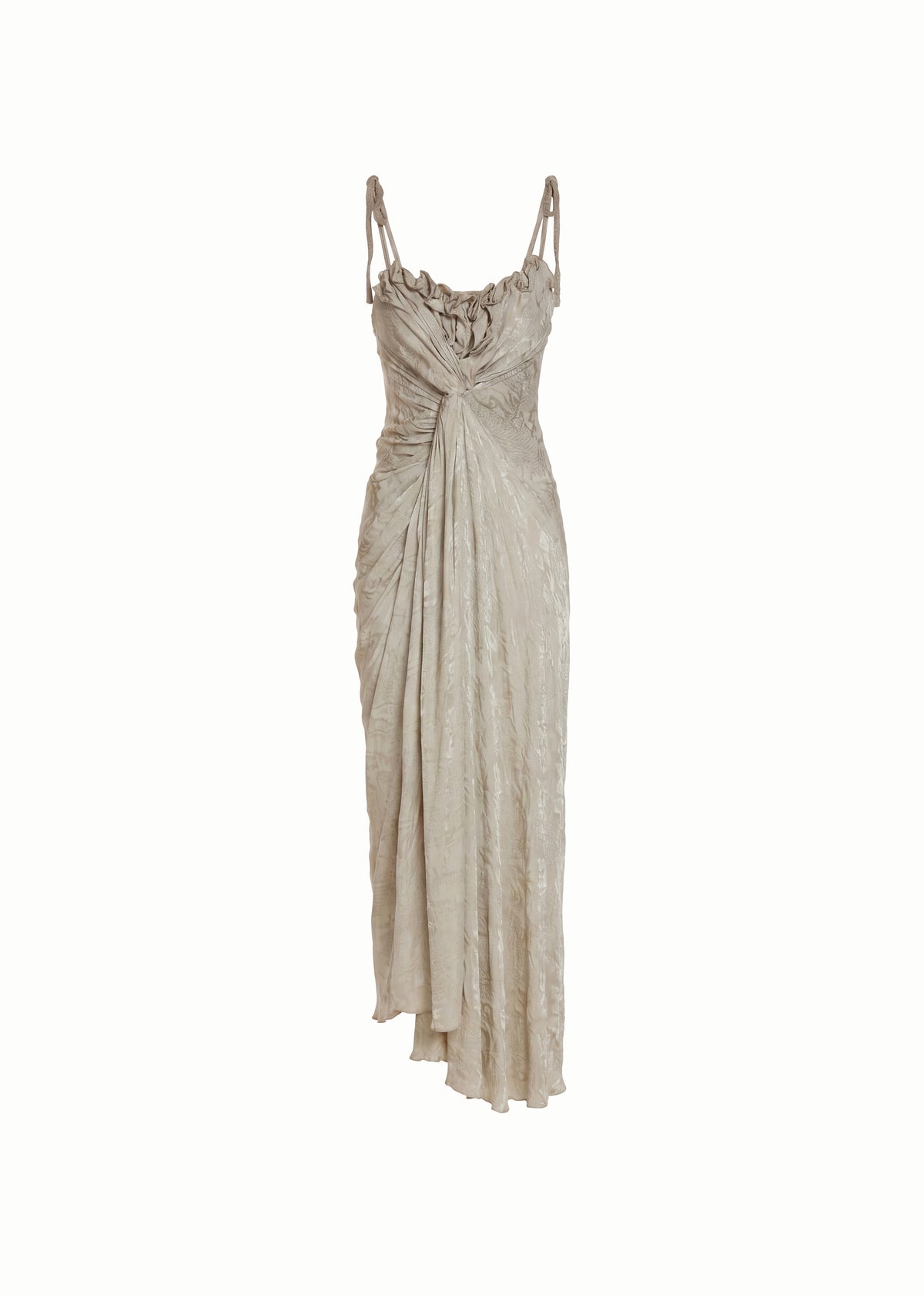 Beige evening gown with thin straps on a white background