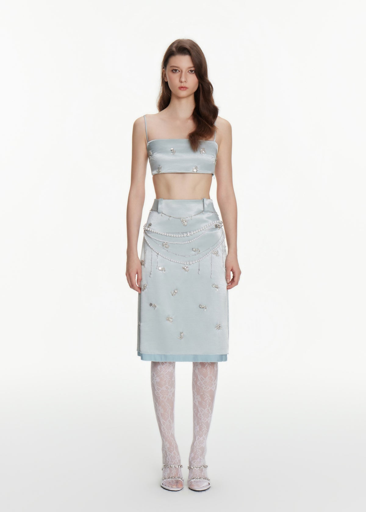 Crystal Embellished Satin Midi Skirt