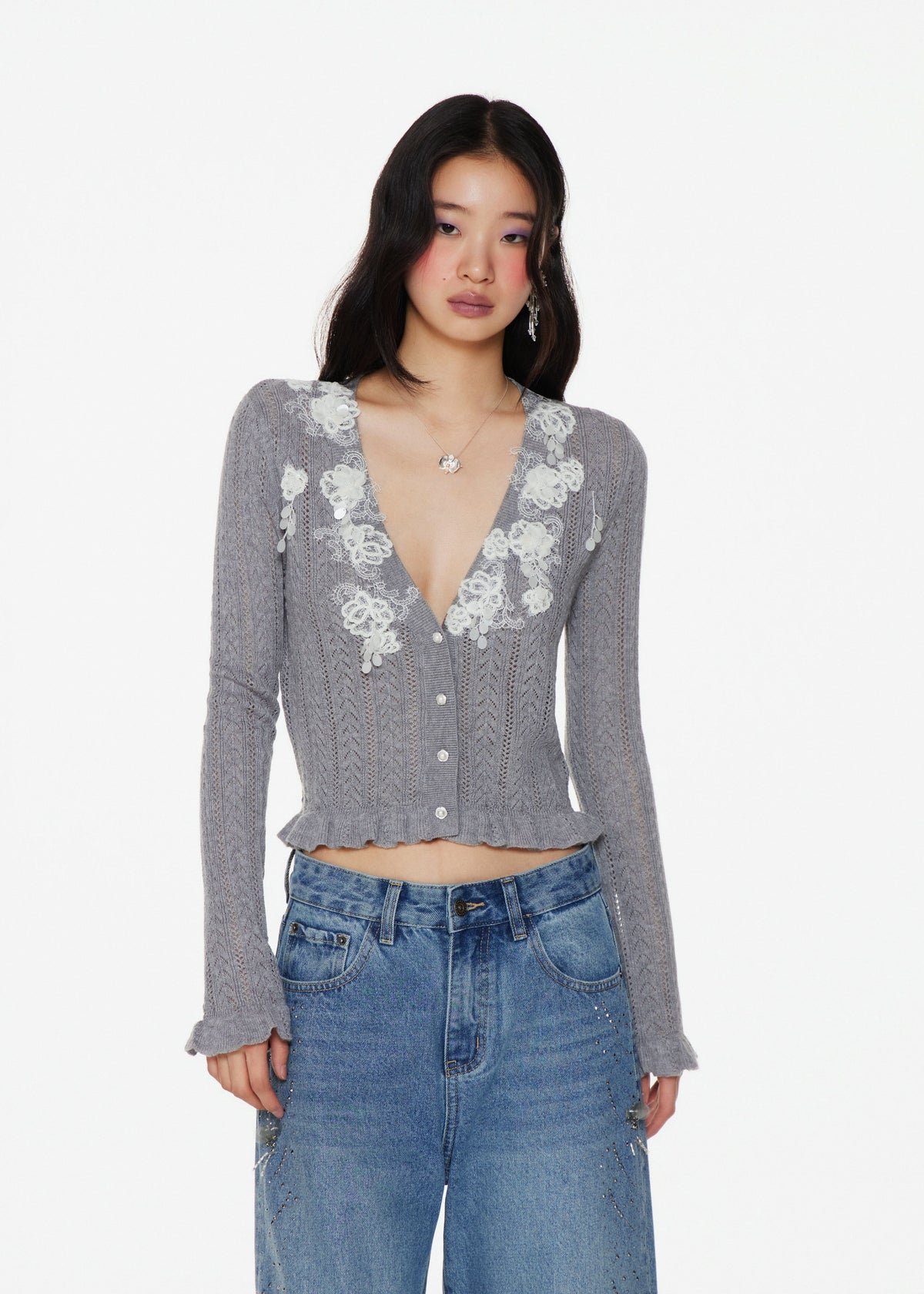 Embellished Pointelle Knit Cardigan