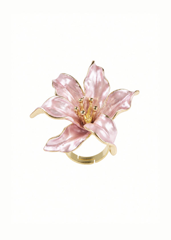 Enamel Lily Bloom Statement Ring In Pink
