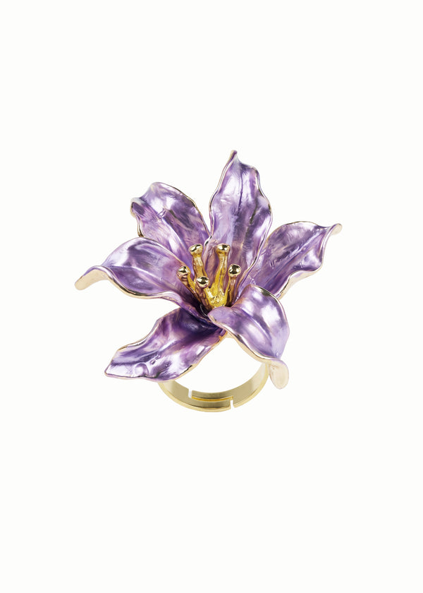 Enamel Lily Bloom Statement Ring In Purple