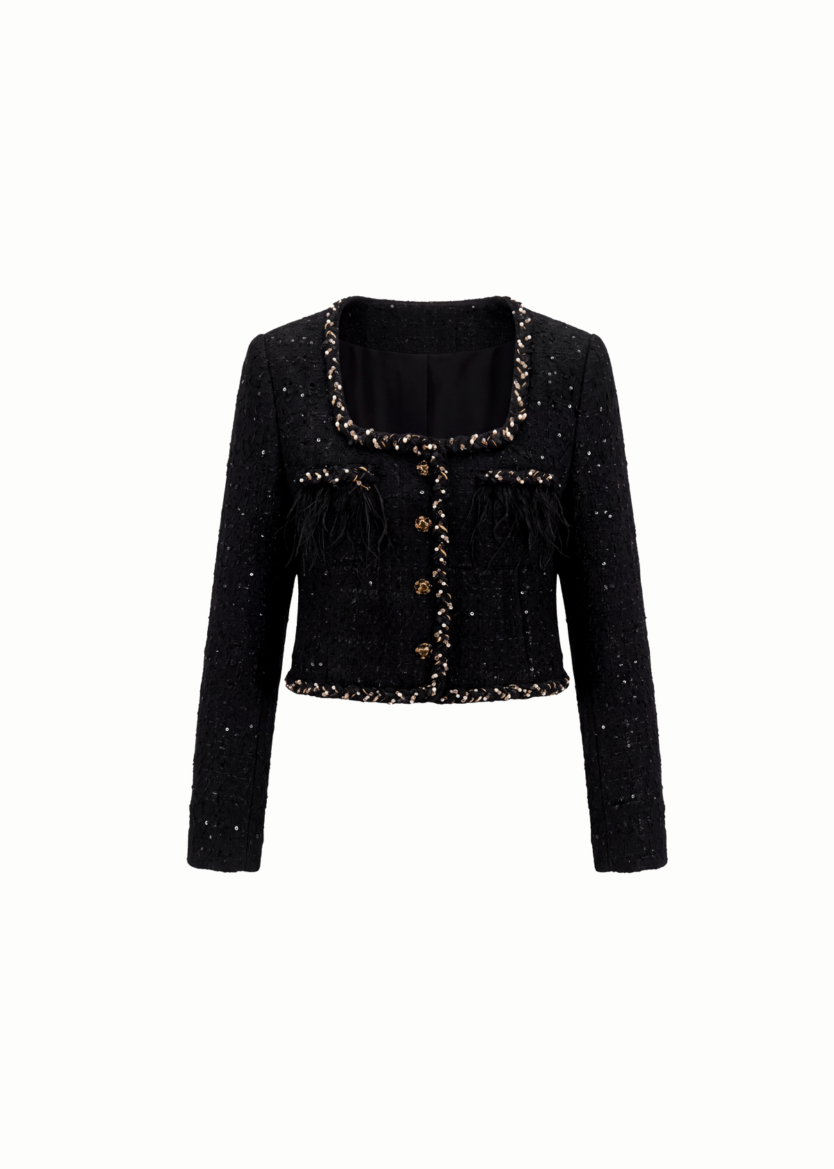 Feather Trim Square Neck Tweed Jacket