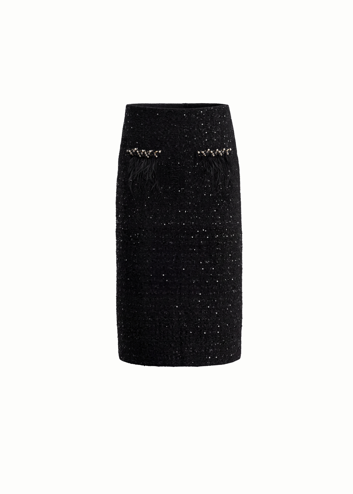 Feather Trim Tweed Maxi Skirt