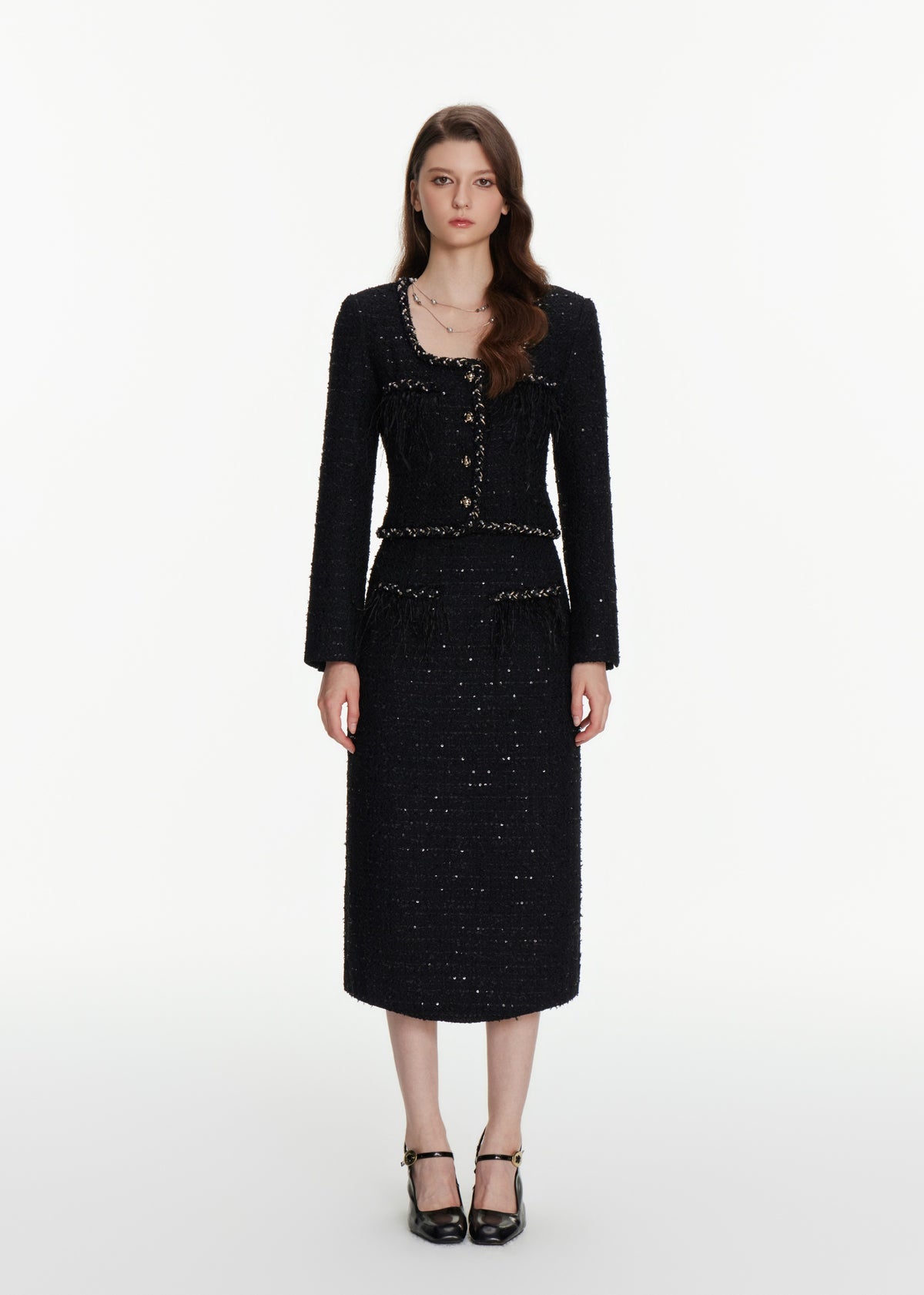 Feather Trim Tweed Maxi Skirt