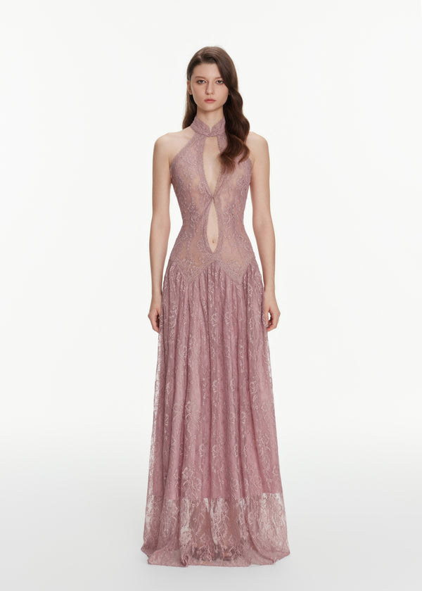 Floral Lace Cutout Mandarin Collar Maxi Dress