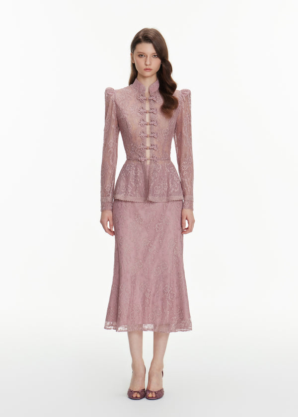 Floral Lace Mandarin Collar Peplum Blouse