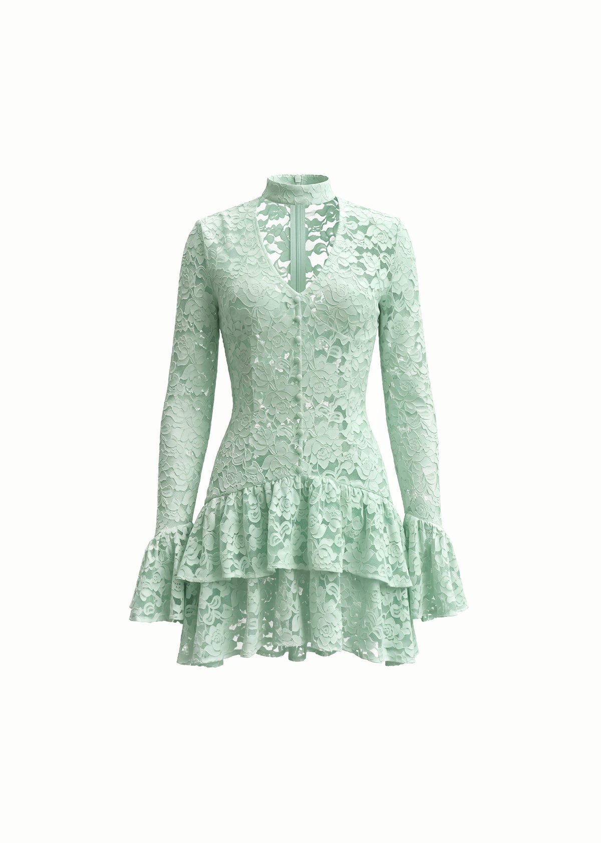 Lace Knit Choker Neck Ruffle Mini Dress