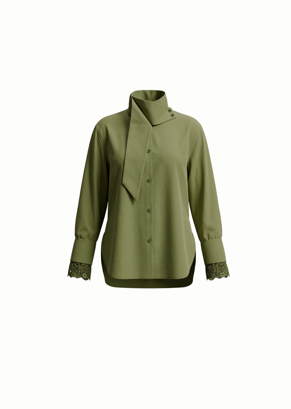 Lace Trimmed Tie Neck Cotton Shirt
