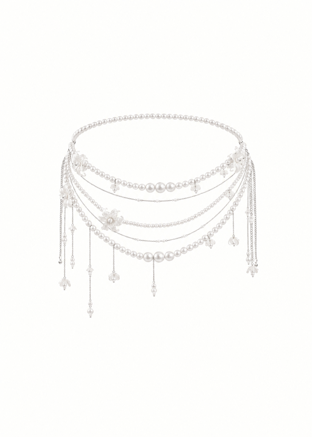 Layered Pearl Chain Belt With Flower Accents