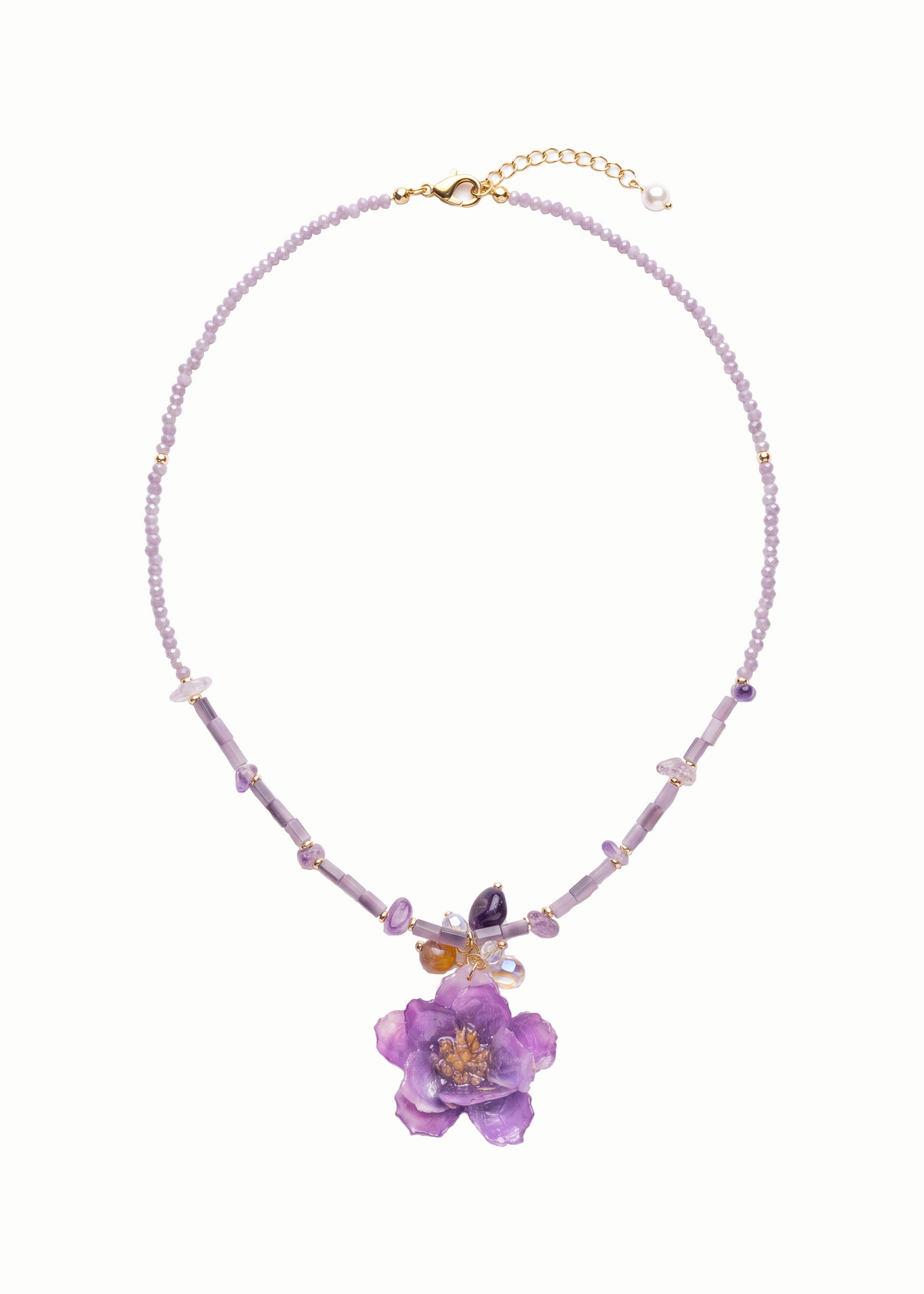 Preserved Purple Wild Flower Bead Necklace