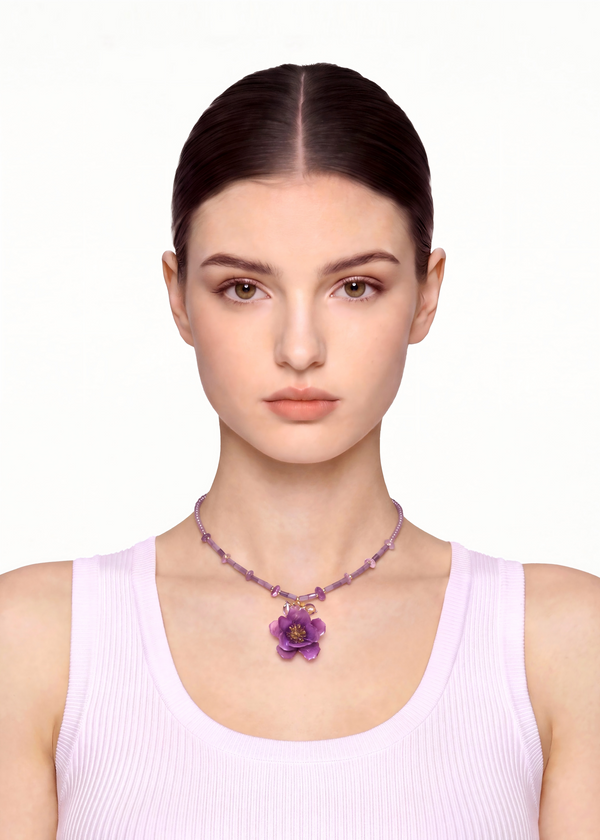 Preserved Purple Wild Flower Bead Necklace