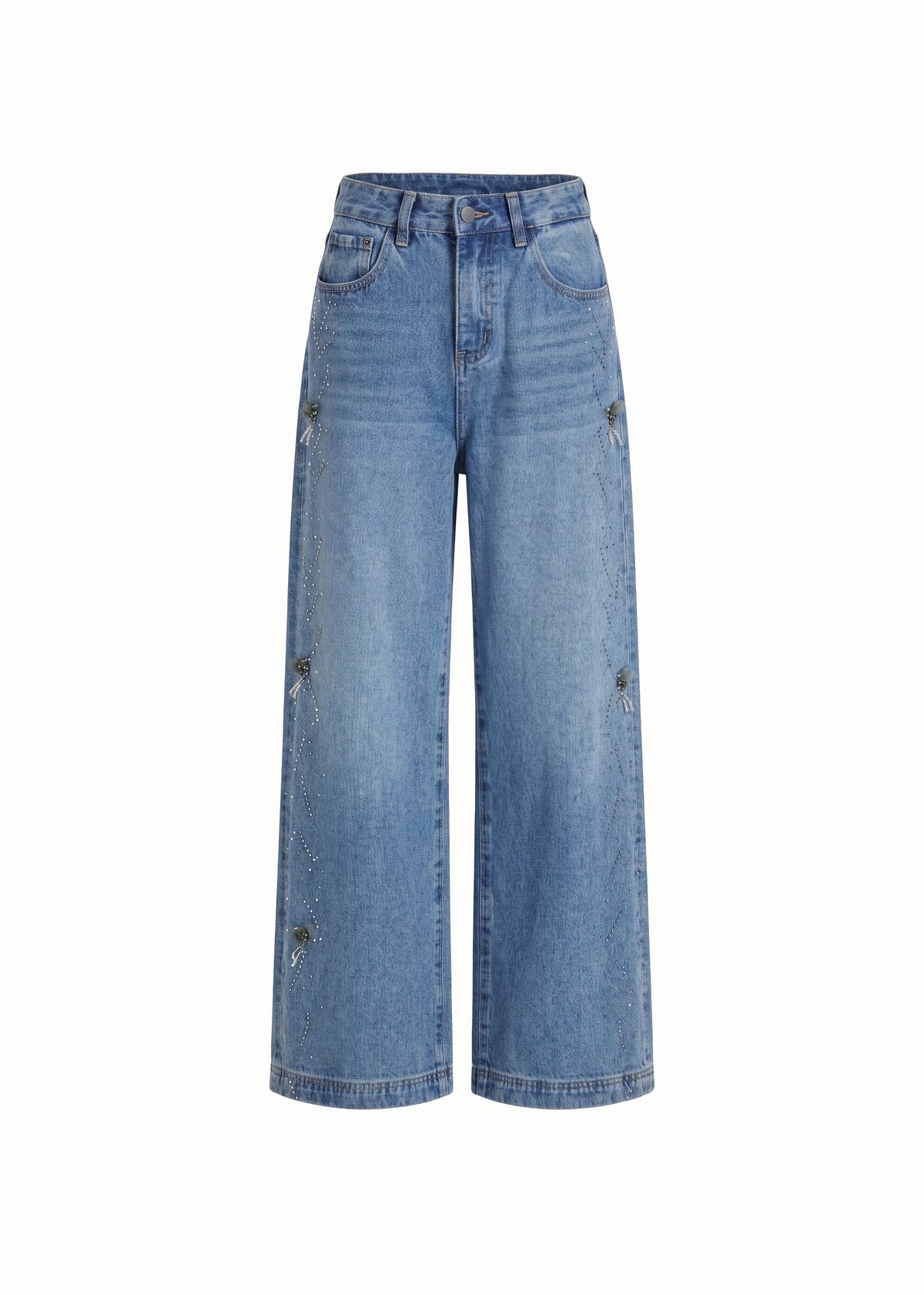 Sequined Encrusted Low Rise Wide Leg Jeans