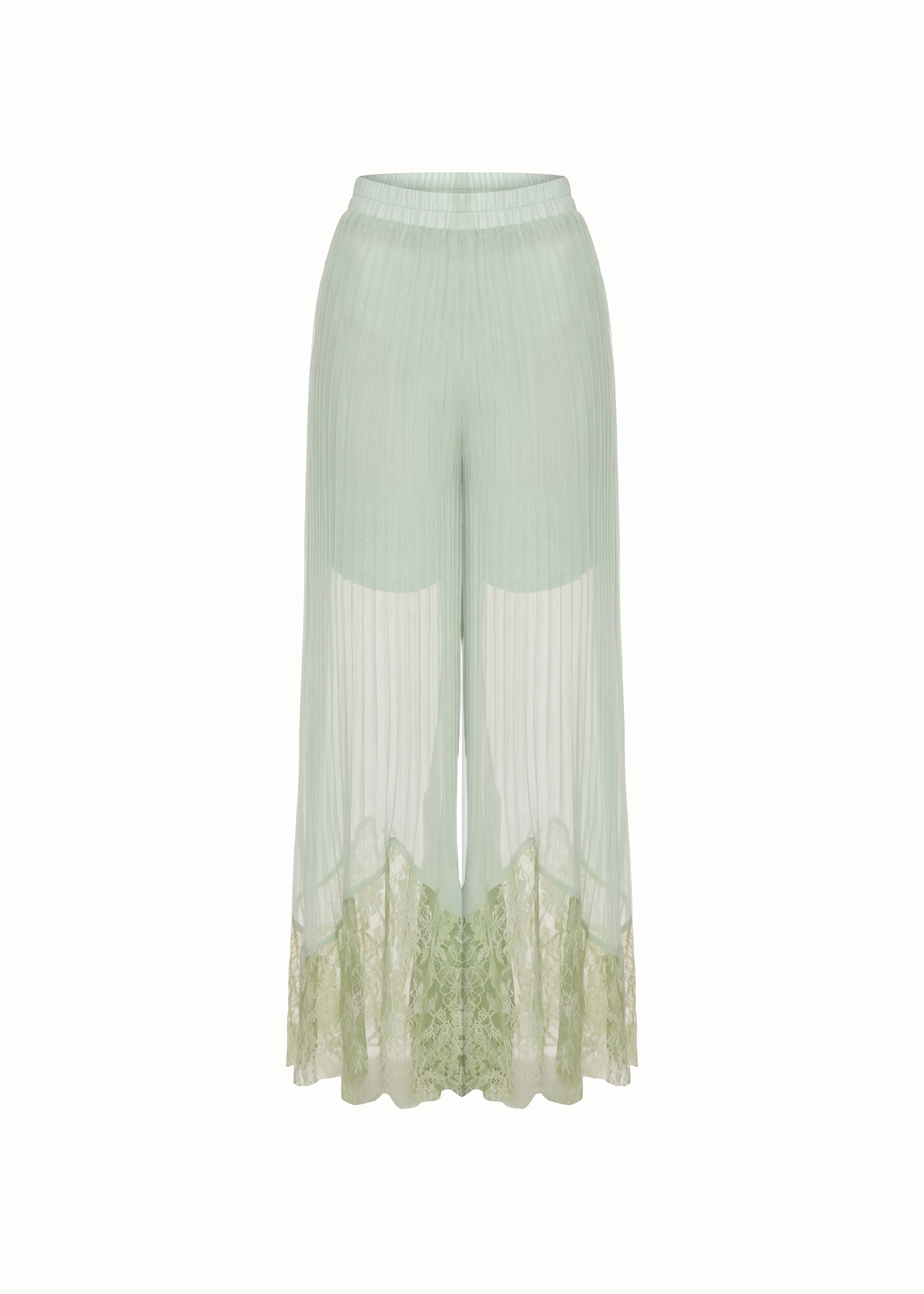 Pleated Aria Chiffon Lace-Hem Wide-Leg Trousers in Mint