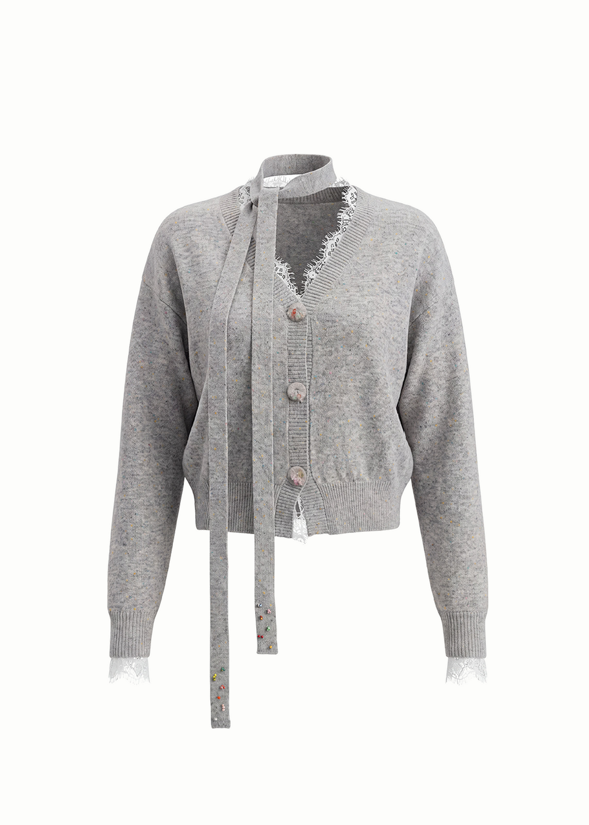 Lace Trimmed V Neck Knit Cardigan