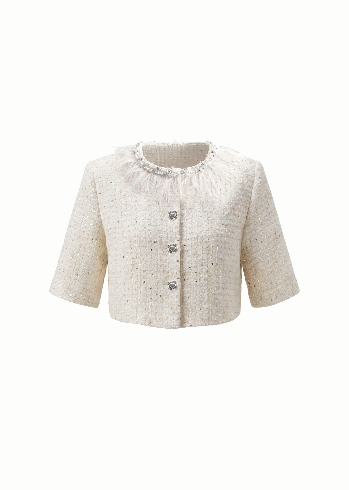 Feather Trim Cropped Tweed Jacket
