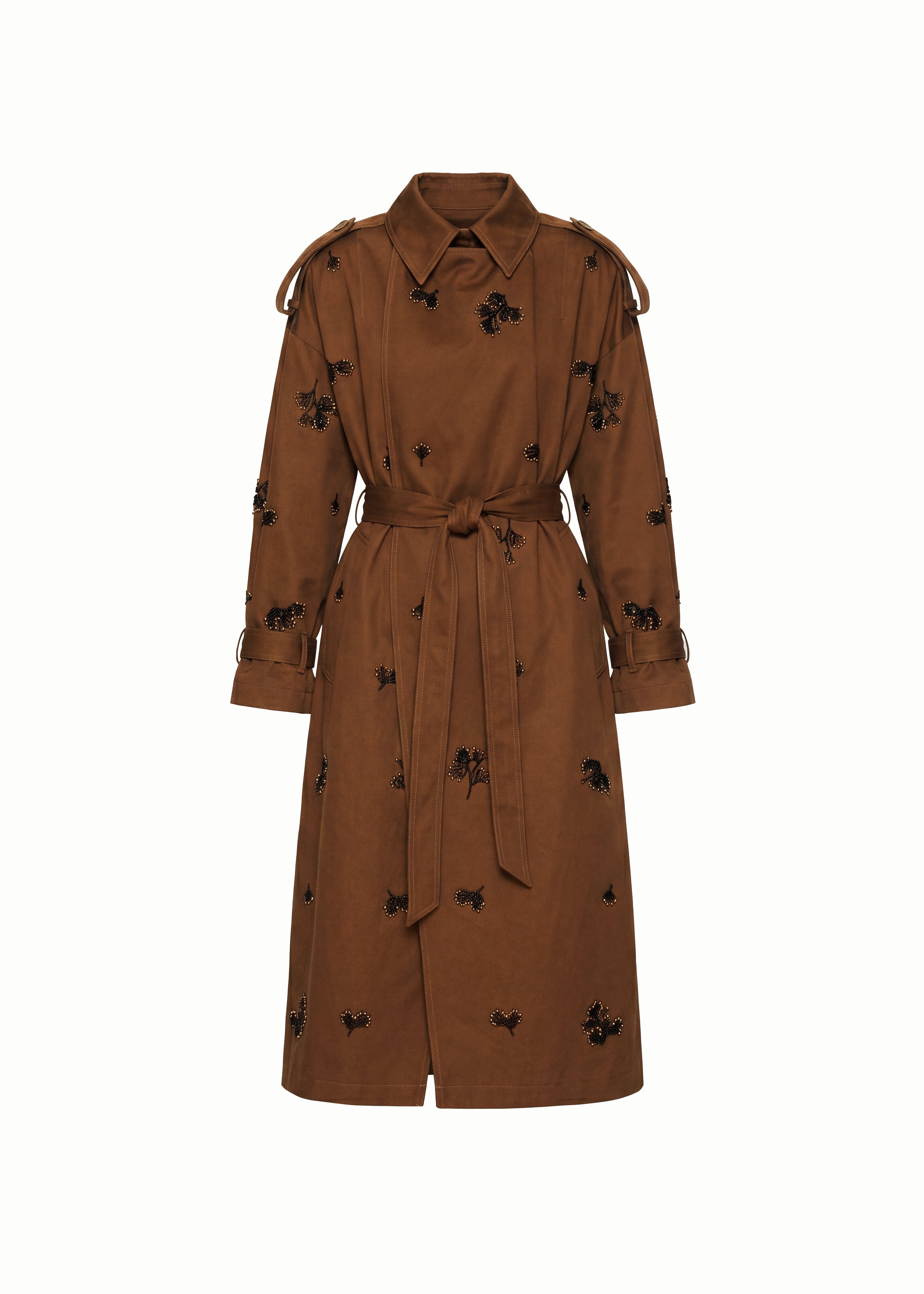 Belted Beaded Floral Trench Coat