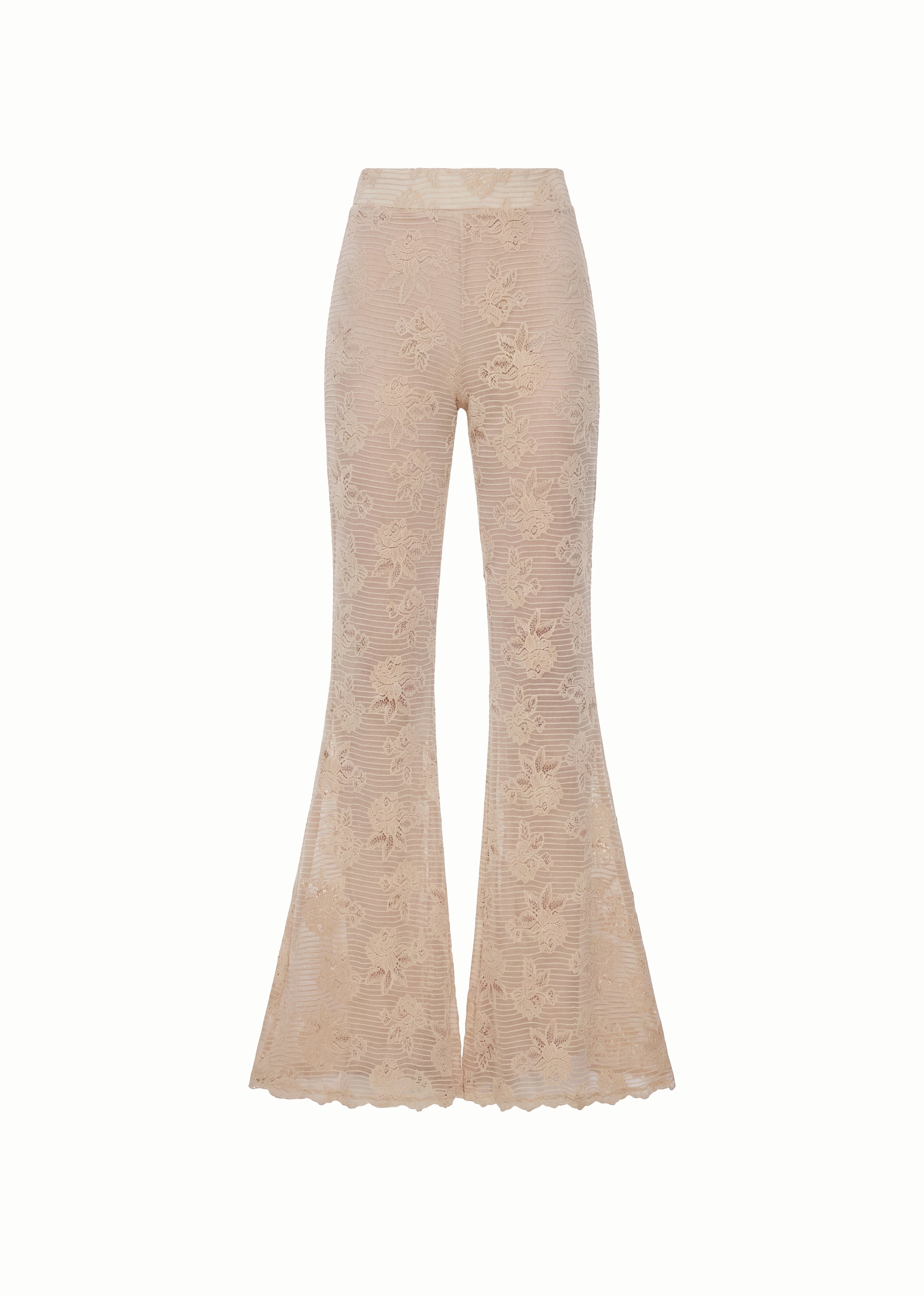 Lace Knit High Waist Flare Trousers in Beige
