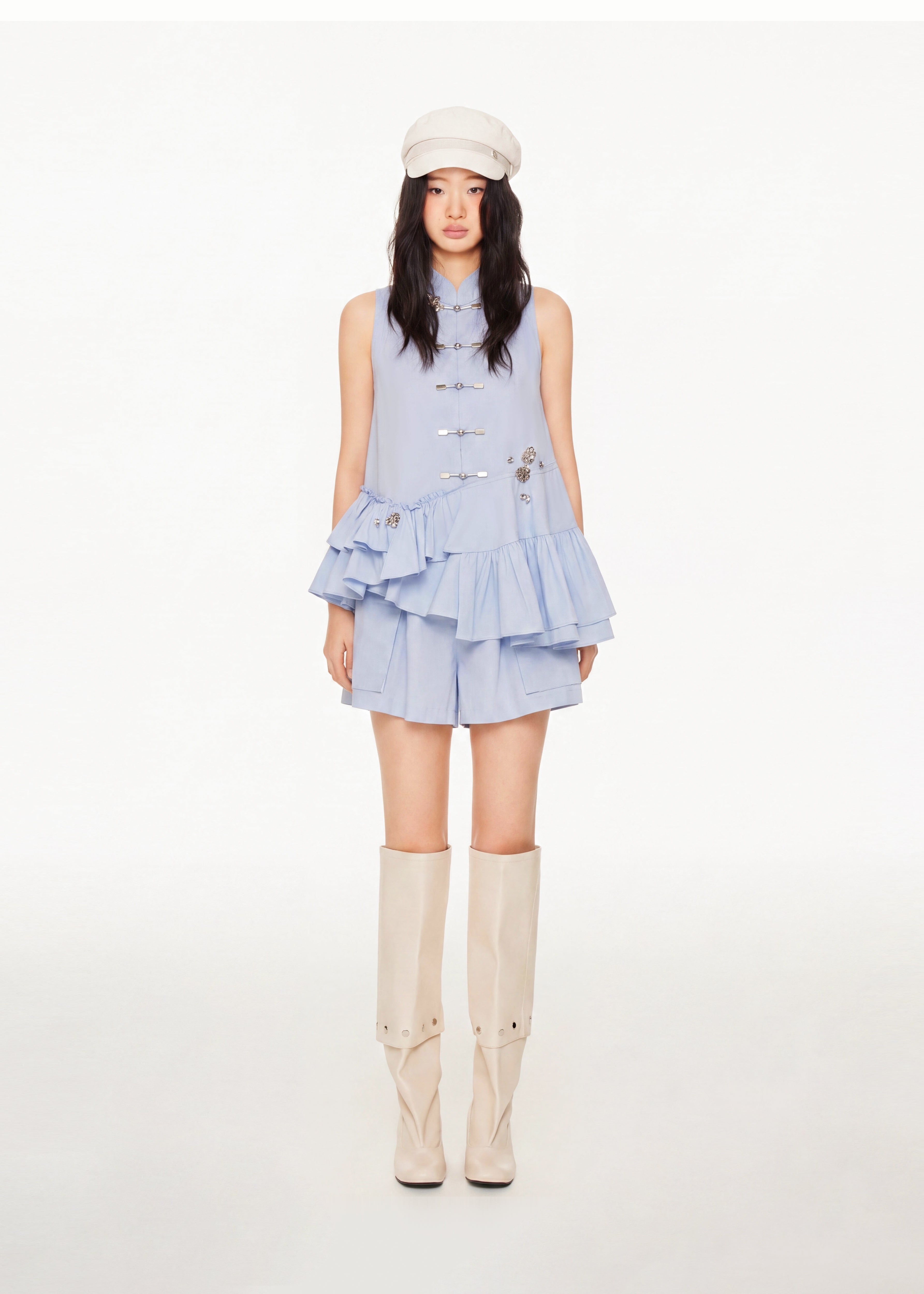 Mandarin Oversized Vest with Ruffled Hem
