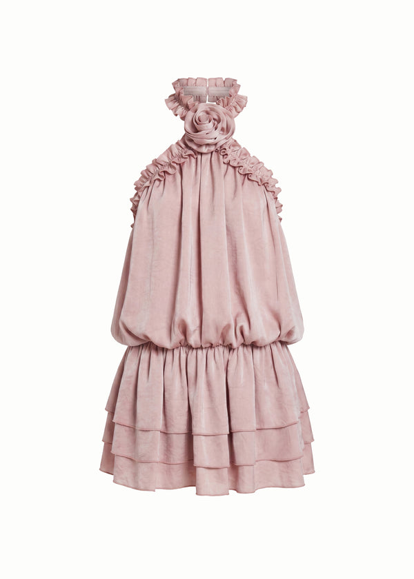 Flora Halter Ruffle Dress in Pink