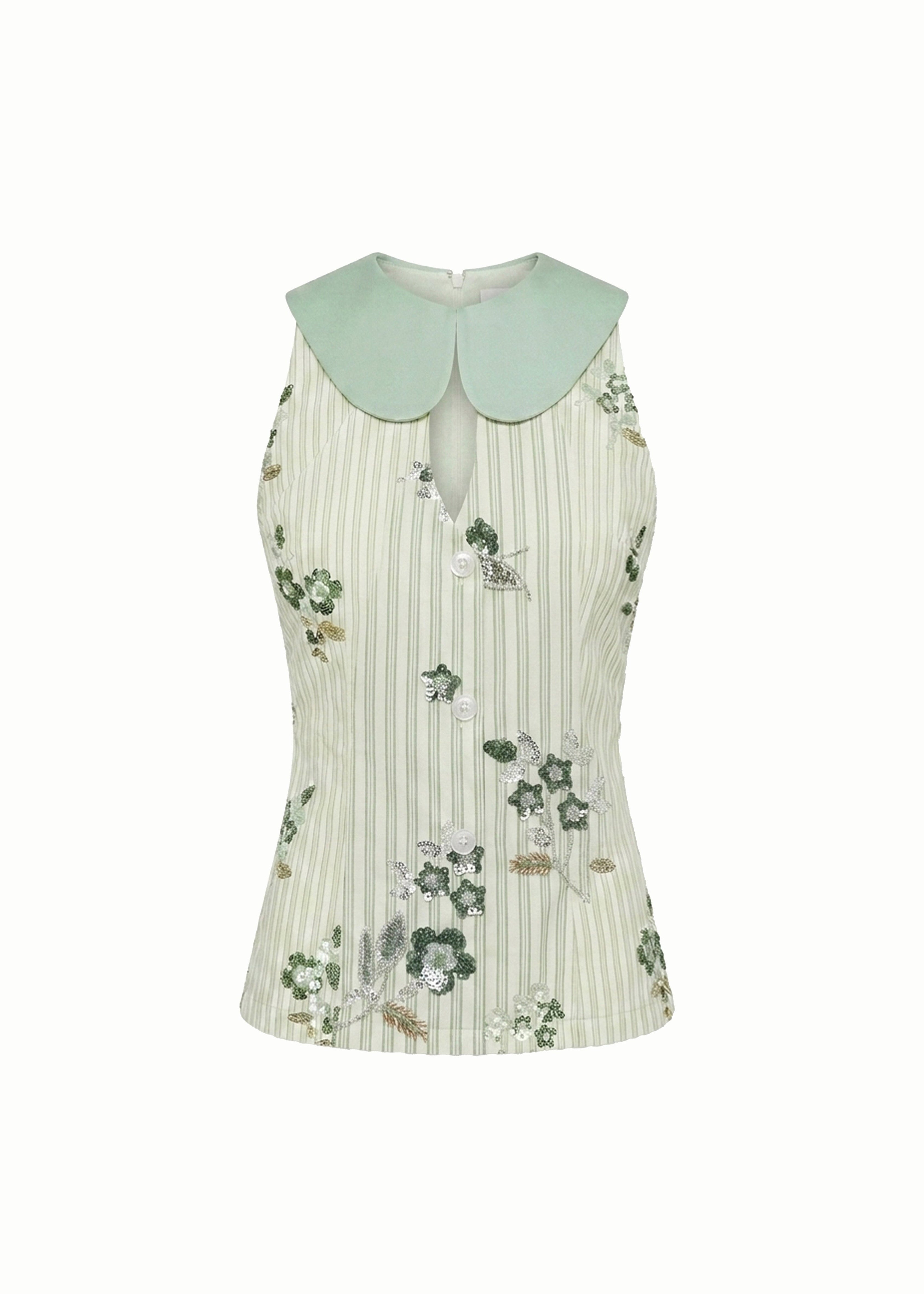 Lyra Floral Sequin Peter Pan Collared Sleeveless Top