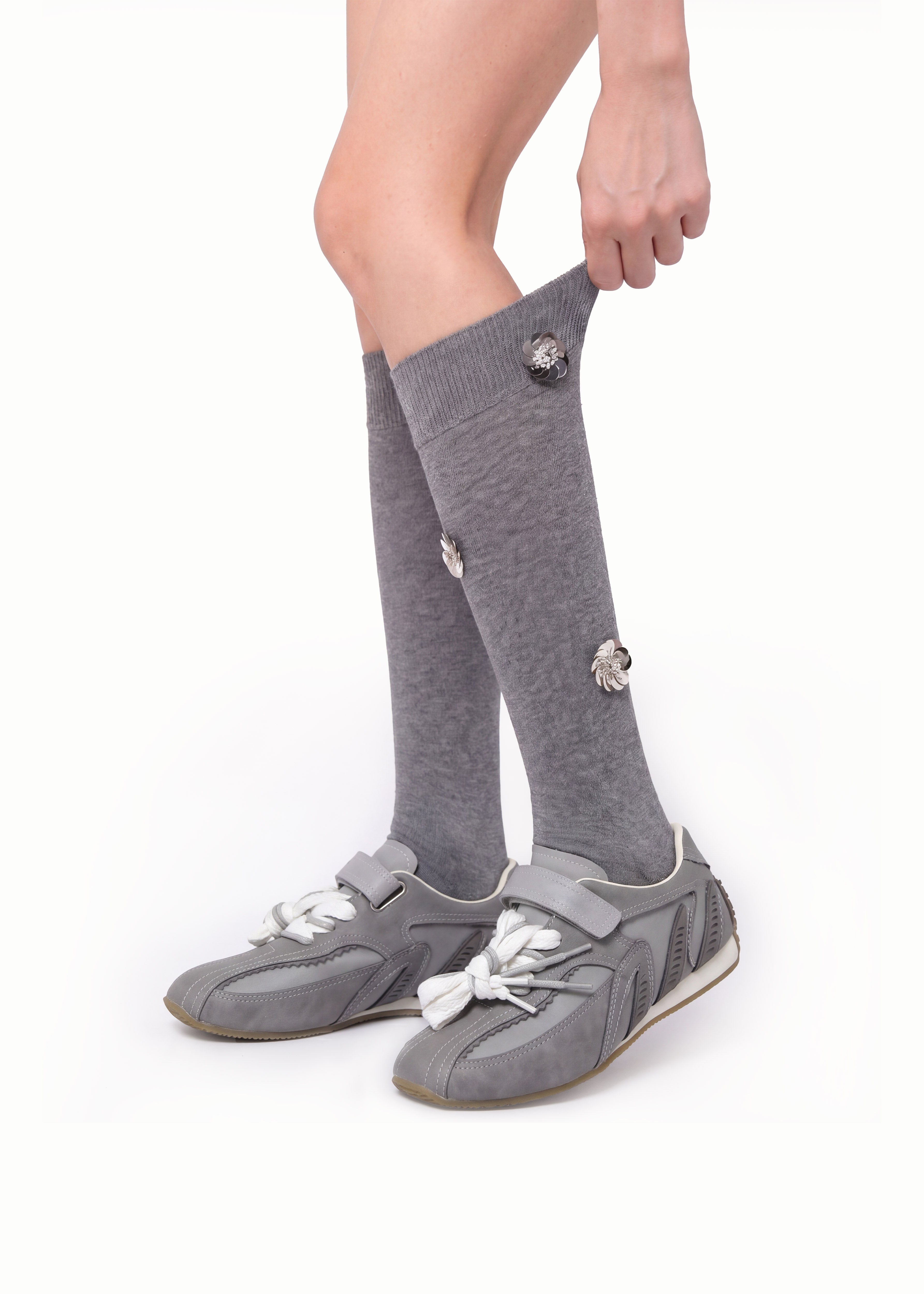 Knee High Crew Socks with Flower Sequin