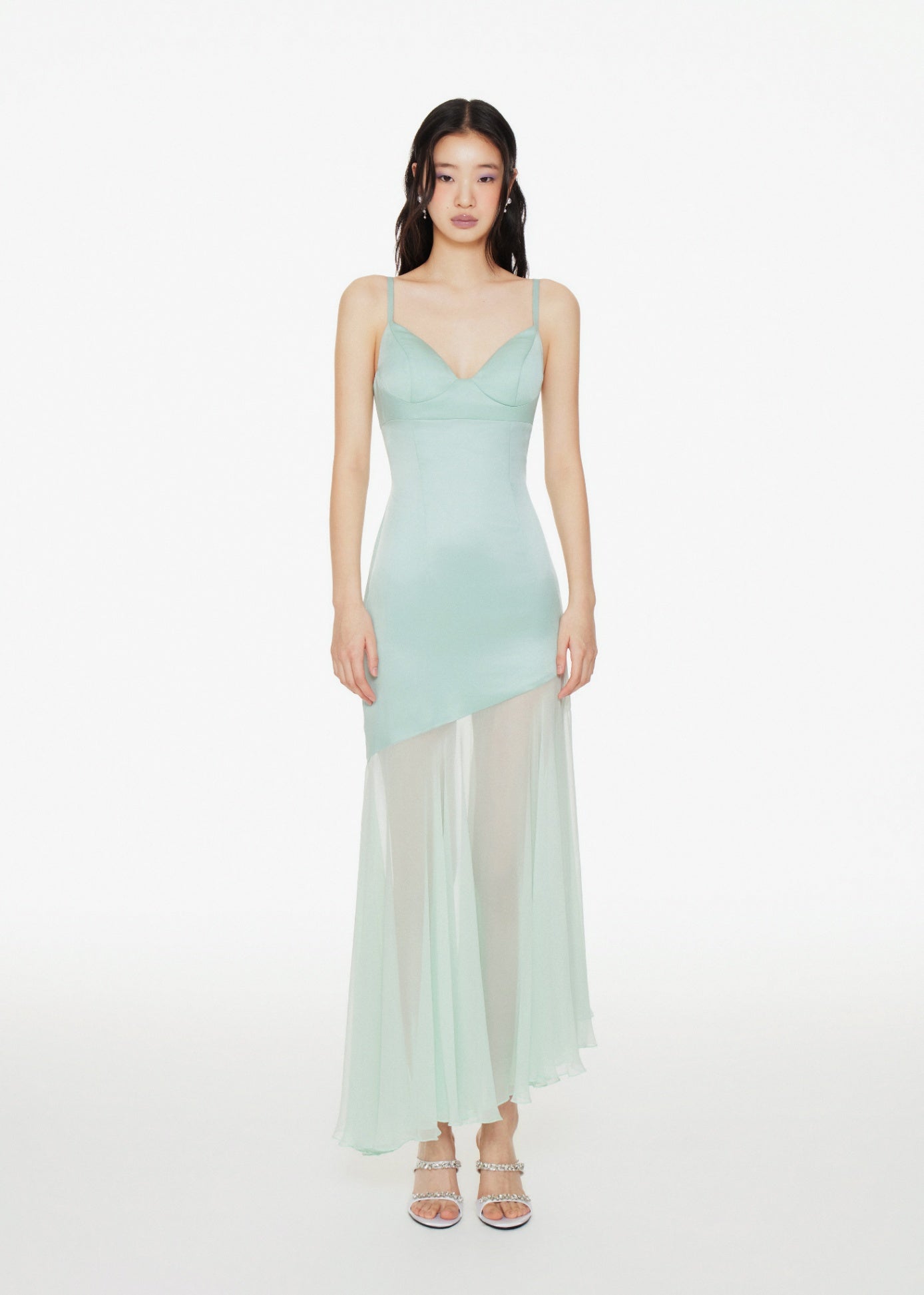Mint Satin and Chiffon Asymmetric Cutout Maxi Dress