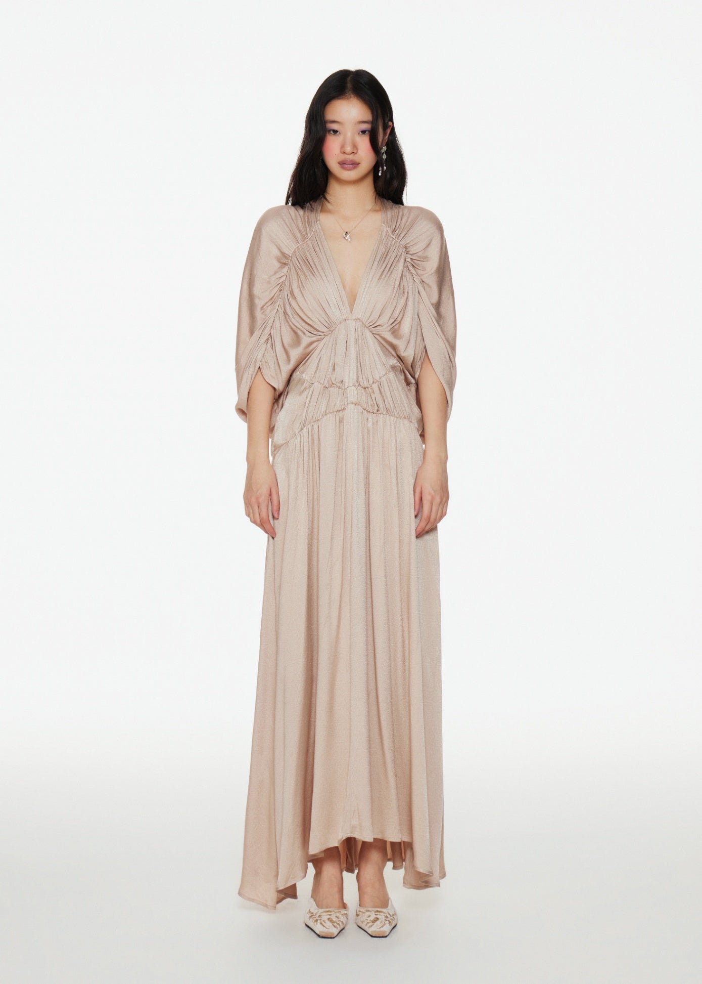 Balloon Sleeve V Neck Maxi Dress