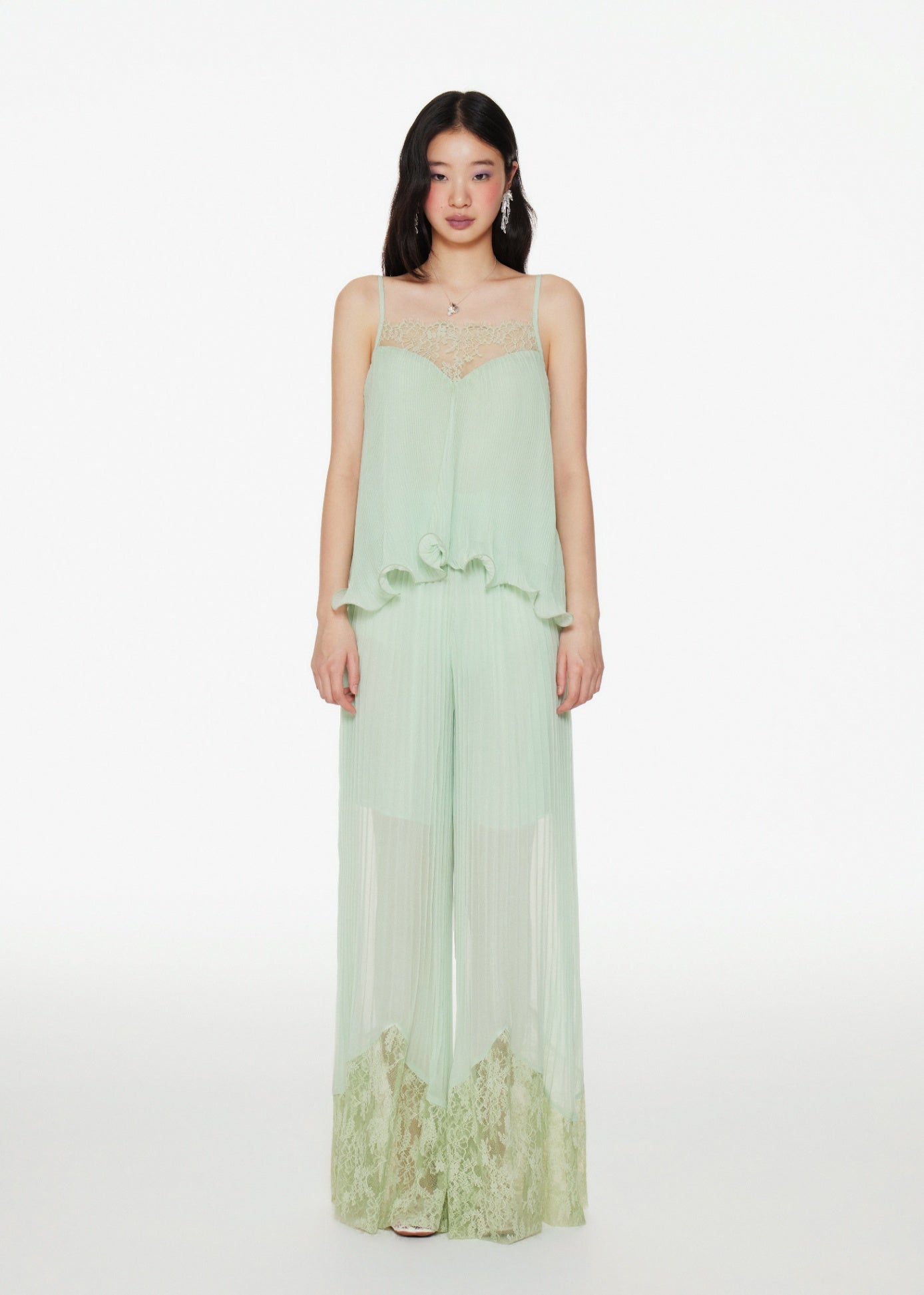 Pleated Aria Chiffon Lace-Hem Wide-Leg Trousers in Mint