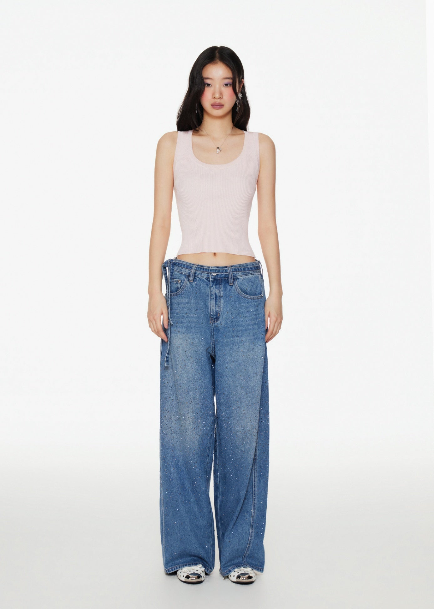 Rhinestone Encrusted Low-Rise Wide Leg Jeans with Waist Belt