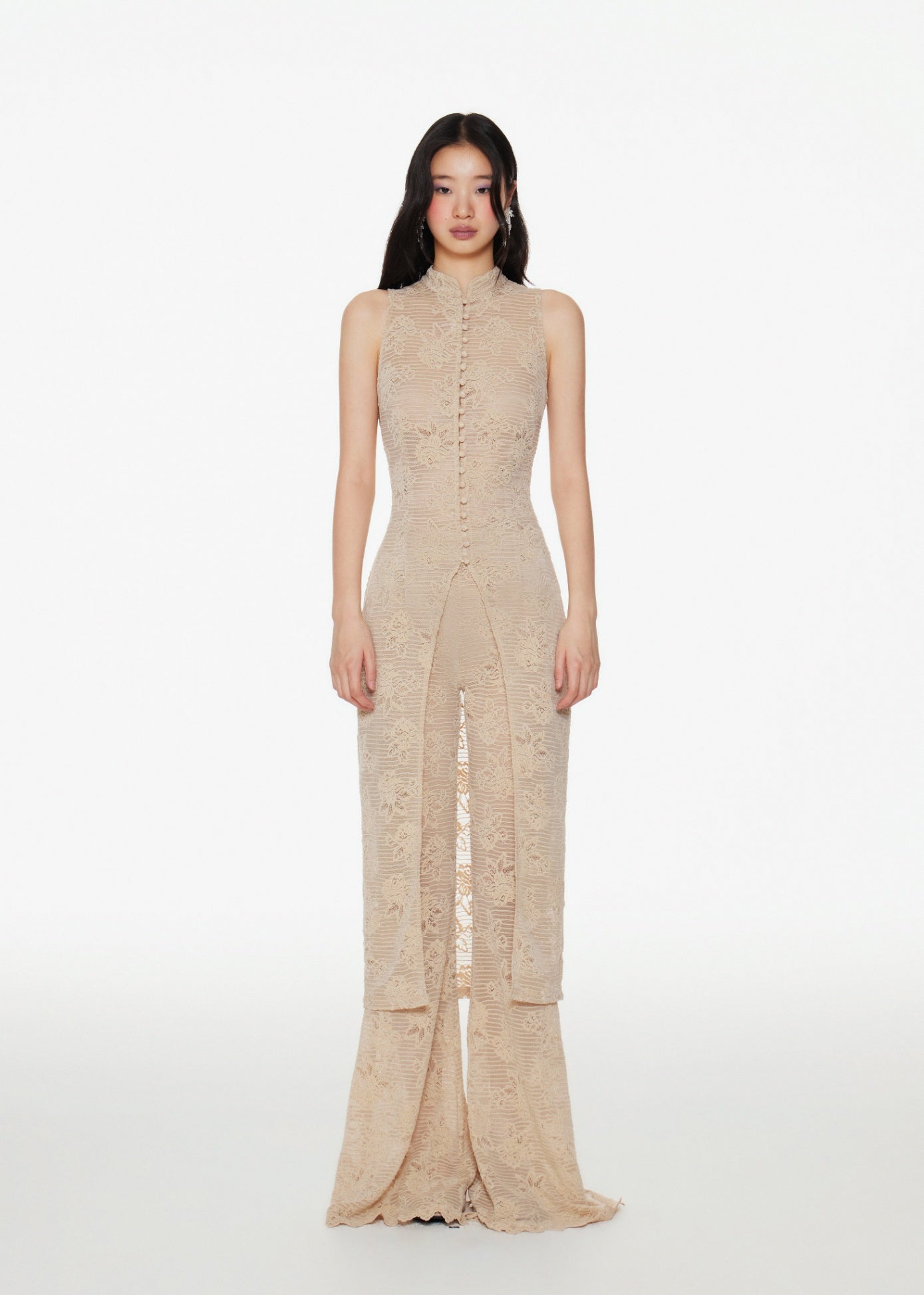 Lace Knit High Waist Flare Trousers in Beige