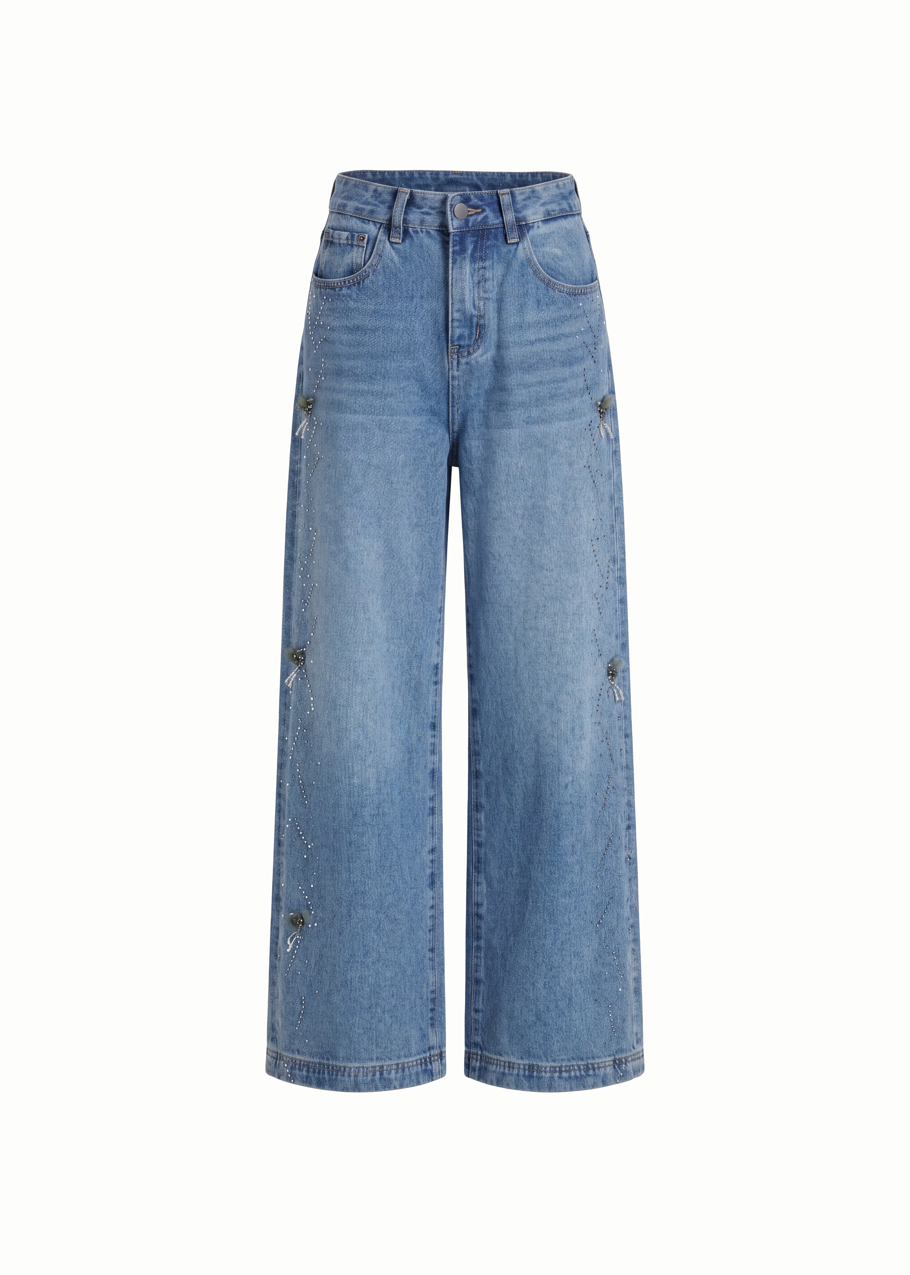 Sequined Encrusted Low-Rise Wide Leg Jeans