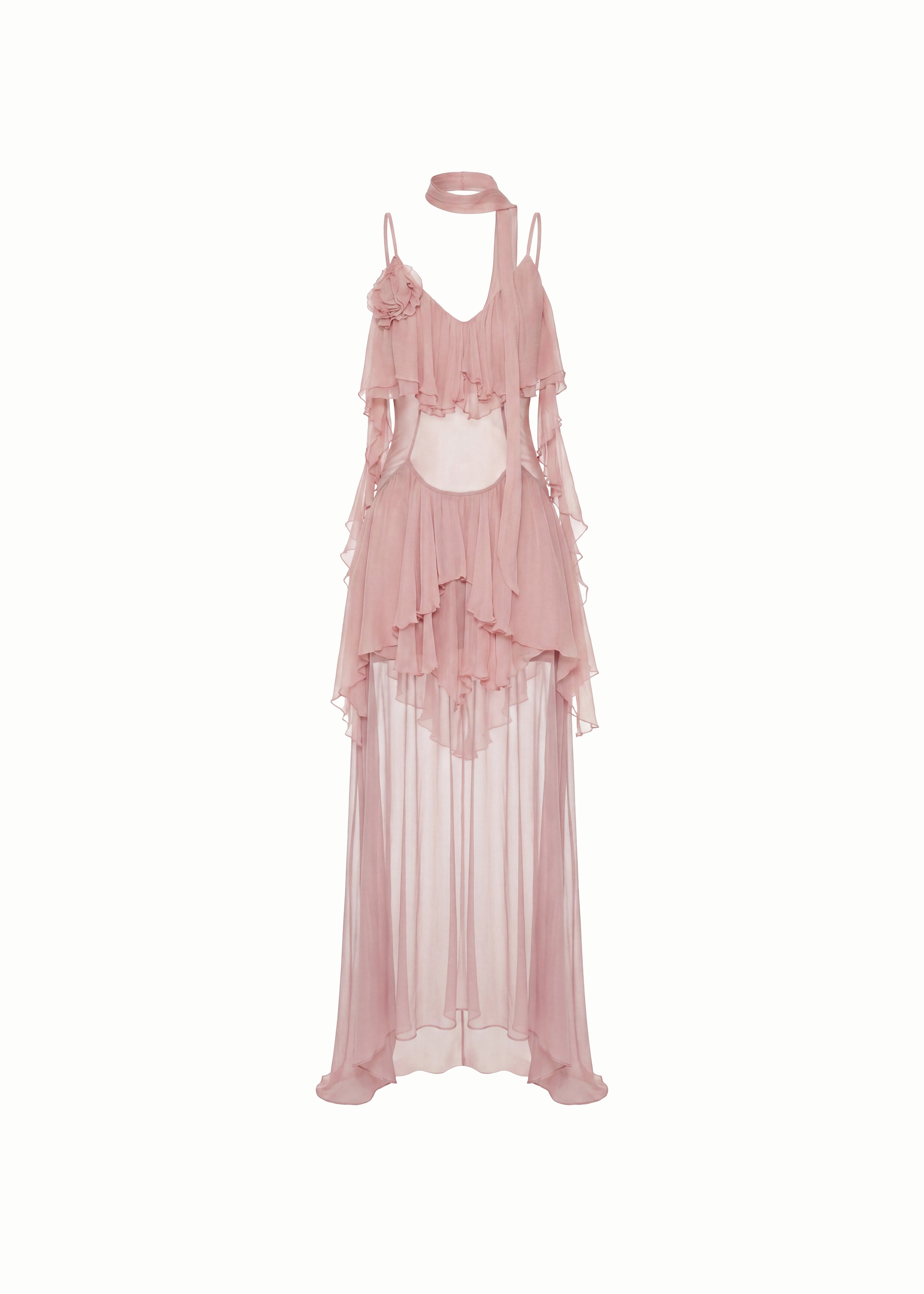 Pink Viscose Ruffled Layered Maxi Dress