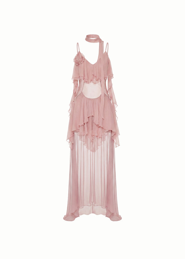 Pink Viscose Ruffled Layered Maxi Dress